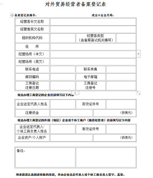 對外貿易經營者備案登記表